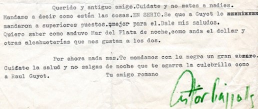 Fragmento de la carta de Piazzolla a Jorge Vimo, sociólogo y periodista cultural.